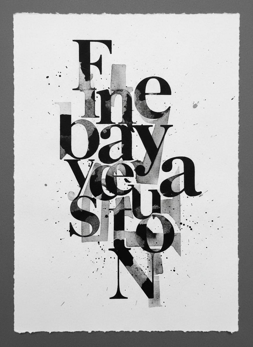 Abstract monochrome typographic composition, ink on textured paper, black gray white, editorial minimalism, rough organic handmade quality
