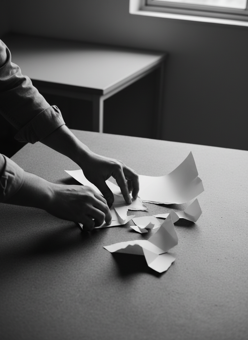 Monochrome creative process shot, hands arranging paper material on gray surface, black and white, high contrast, minimalist studio, tactile texture