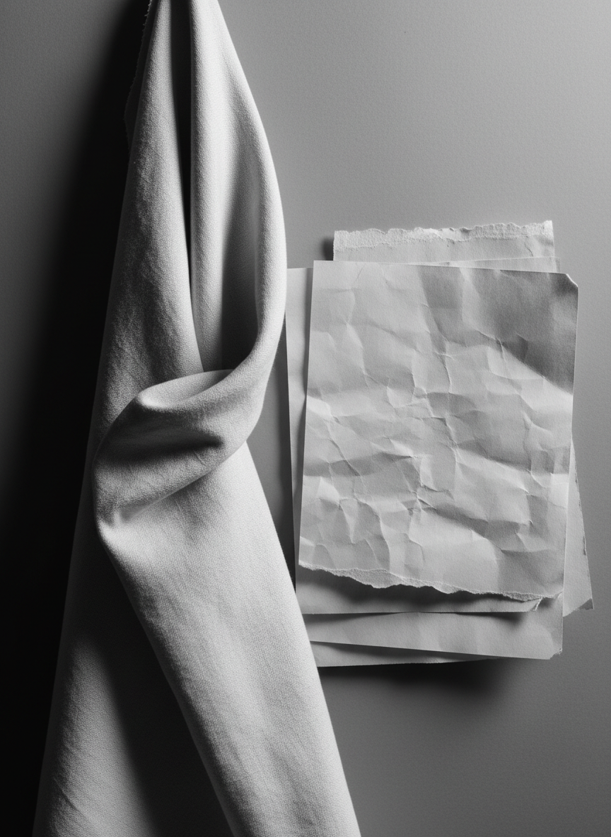 Monochrome studio detail, folded fabric and paper materials, soft gray tones, minimalist tactile still life, high contrast black and white
