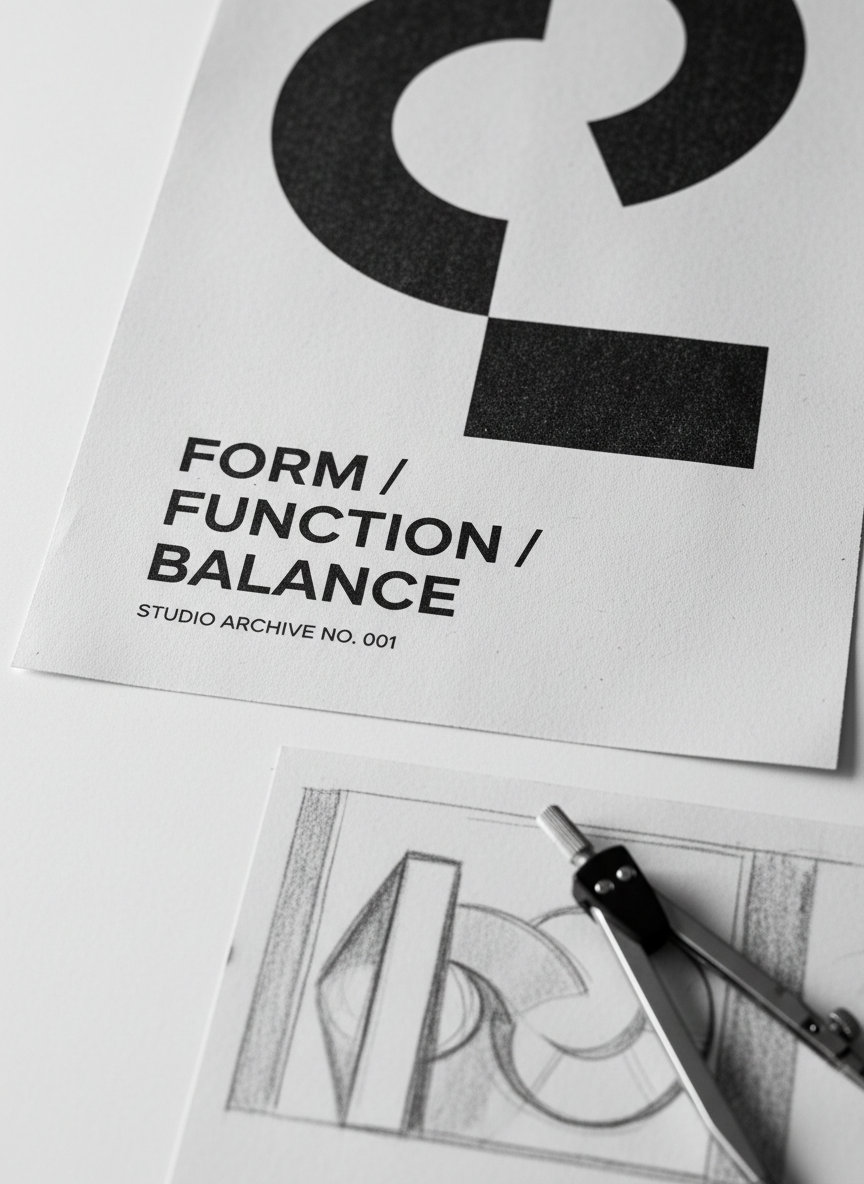 Minimalist monochrome design work documentation, close-up of printed poster on textured paper, black and white, studio flat lay, tactile grain, editorial