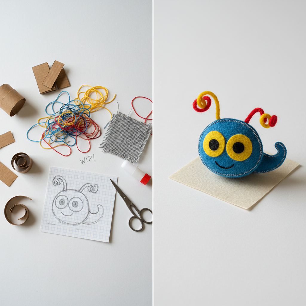 A before-and-after diptych scene of a small crafted object on a white tabletop, divided visually down the middle. On the left, scattered components: flat cardboard shapes, loose threads, a tiny test swatch, and a rough pencil sketch, all slightly misaligned and clearly work-in-progress. On the right, the same object assembled and refined, edges clean and textures resolved, resting on a neatly cut square of textured paper like a mini pedestal. Soft studio lighting from above keeps shadows delicate and outlines clear. The camera is positioned straight-on from above, emphasizing transformation rather than scale. The overall feel is light, graphic, and playful, a visual record that celebrates process as much as the finished result.