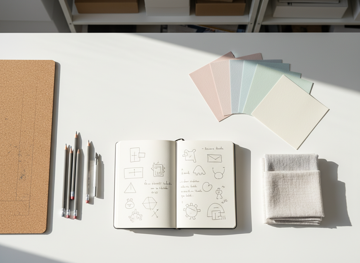 A wide, clean studio table scattered with neatly arranged making tools: a worn cork cutting mat, soft graphite pencils, a small craft knife, and swatches of textured paper and fabric in muted pastels. At the center lies an open sketchbook showing hand-drawn diagrams and playful doodles, its pages slightly curled. Diffused daylight falls from the left, creating gentle shadows and emphasizing the fibers and grain of each material. The background is mostly white space with only faint hints of shelves and boxes, softly blurred. Shot from an overhead bird’s-eye view with crisp focus on the tabletop, the image feels calm, curious, and documentary, blending photographic realism with a tactile, texture-focused aesthetic.