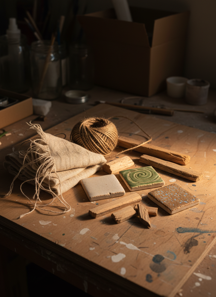 An atmospheric corner of a workbench where natural materials are gathered for a new piece: a small stack of raw linen, a coil of thin twine, fragments of pale wood, and a few ceramic test tiles with experimental glazes. Each surface shows rich texture, from frayed threads to tiny glaze cracks. The objects sit on an unvarnished plywood board speckled with paint and graphite smudges. Warm side lighting from an unseen lamp creates long, soft shadows and glowing highlights on the ceramic edges. The background recedes into dim, almost abstract shapes of jars and boxes, preserving generous whitespace around the central cluster. Captured at eye level with moderate depth of field, the mood is intimate, exploratory, and quietly playful.